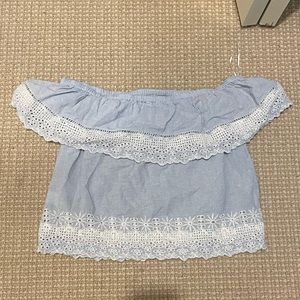 ZARA off the shoulder blue and white striped top